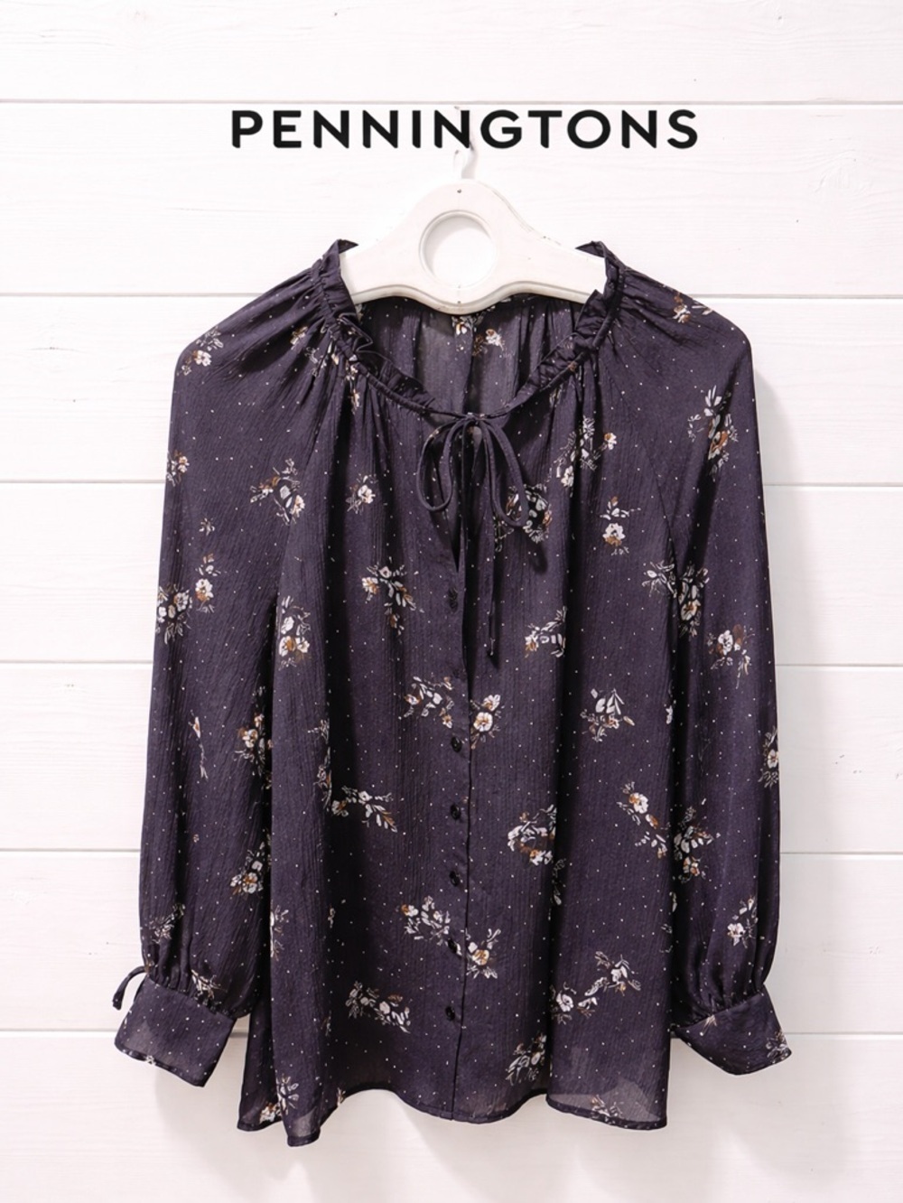 PENNINGTONS Dark Plum Floral Blouse with Tie Details Size XL